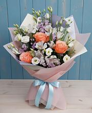 Букет Утренняя свежесть в Абакане Букет цветов из:  Лизиантусы, Розы, Альстромерии и Гипсофила в Абакане