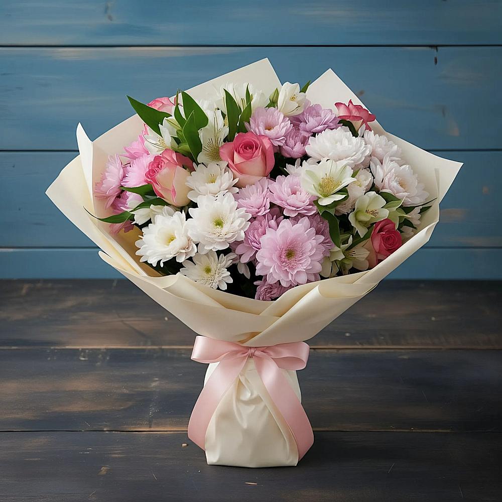 Букет цветов из: Хризантемы, Альстромерии и Розы в Абакане